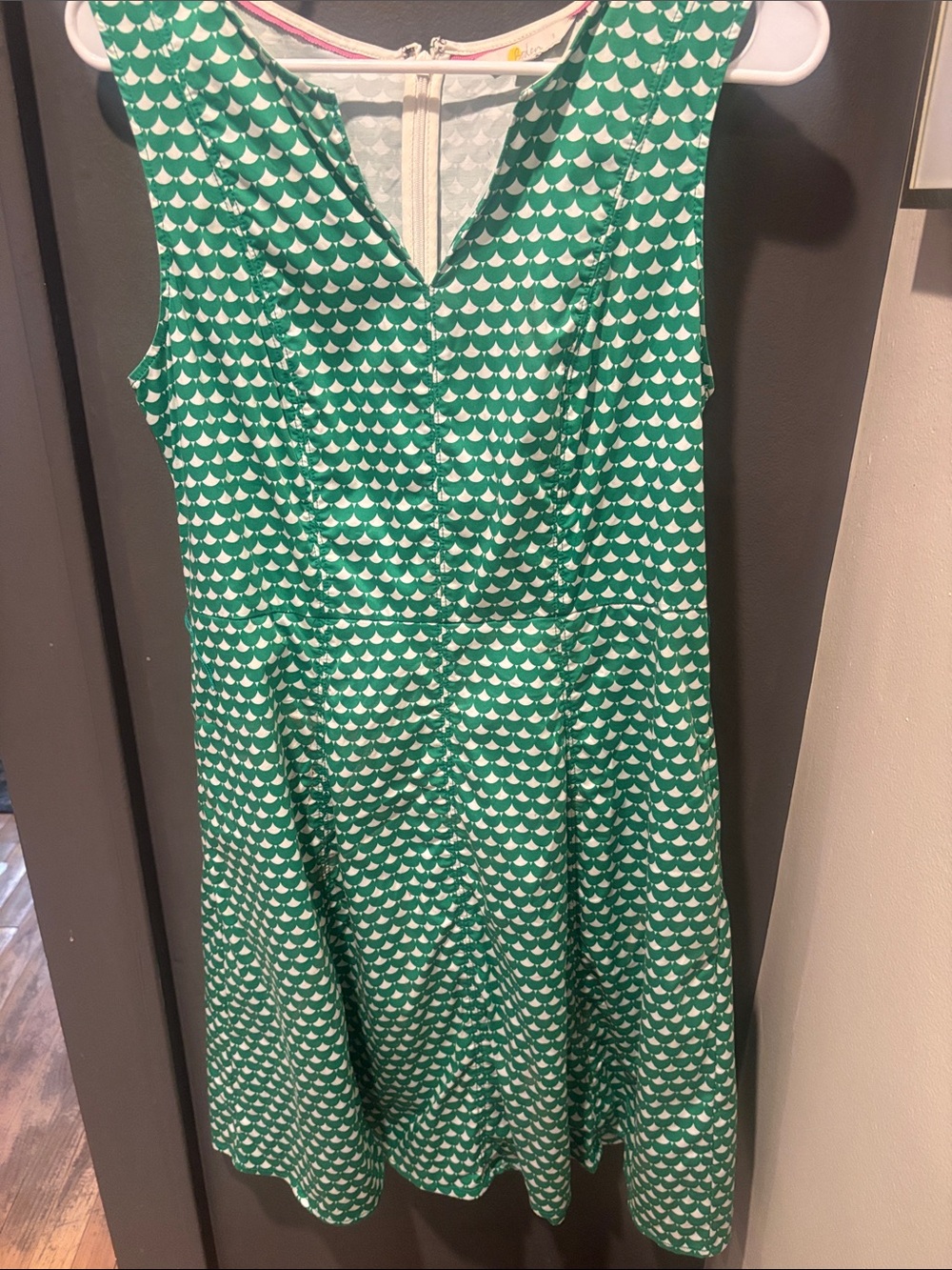 Boden Green and White Sleeveless V-Neck A-Line Dress